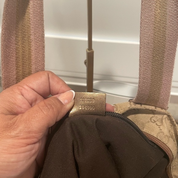 Gucci Beige & Gold Monogram Tote with Pink Striped Web Handles - Picture 6 of 8